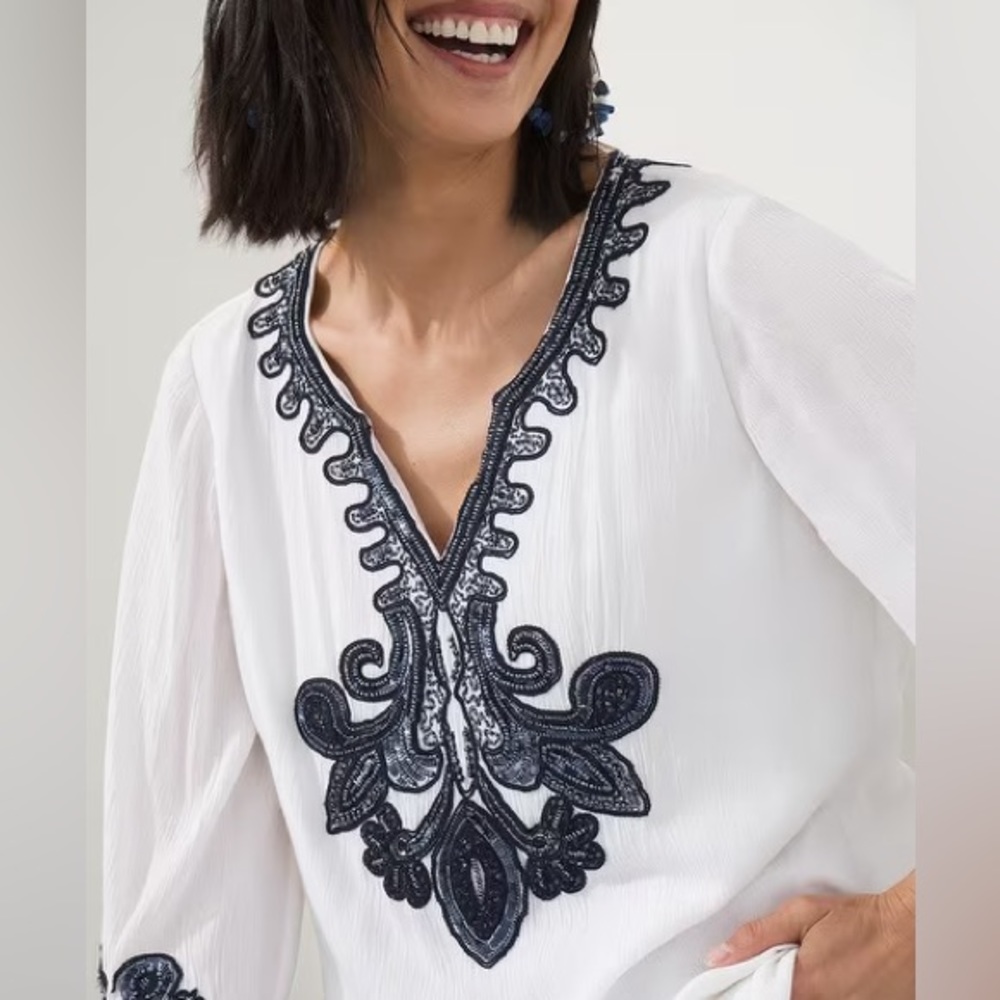 NWT Chico’s Embellished White Gauze Boho Tunic Size M - Picture 4 of 16